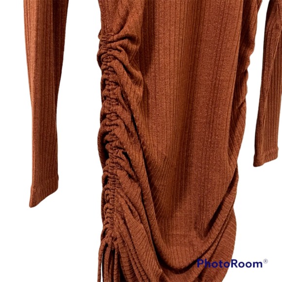 Shein Womens Brown V-Neck Knitted Ruched Bodycon Long Sleeve Dress Size Large - Picture 3 of 11